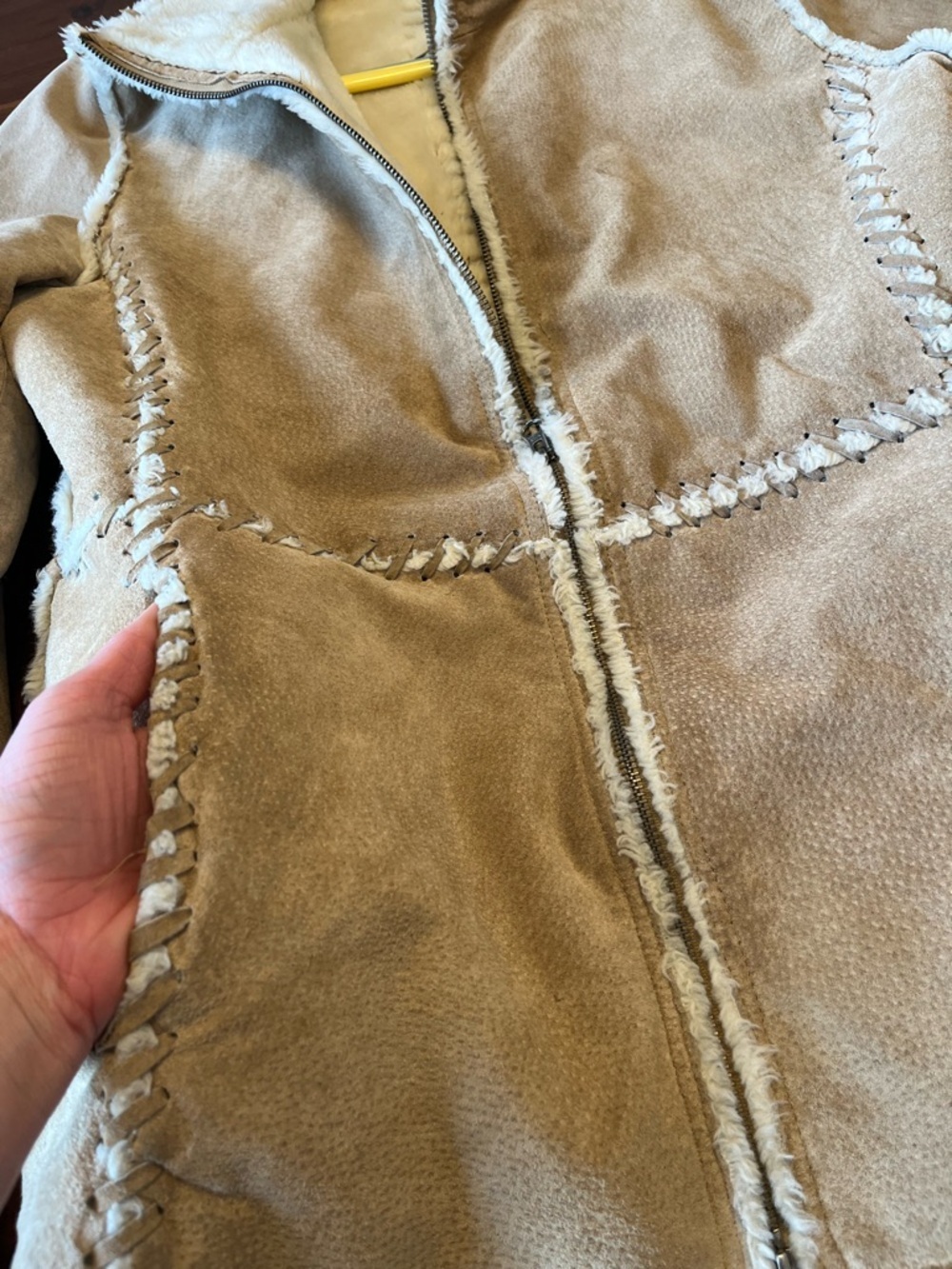 Vintage Y2K leather Sherpa Jacket Shearling Style Coat Aviator Beige Warm - Picture 10 of 16